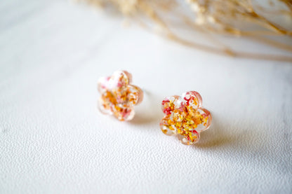 Real Dried Flowers and Resin Stud Earrings in Pink Orange Yellow