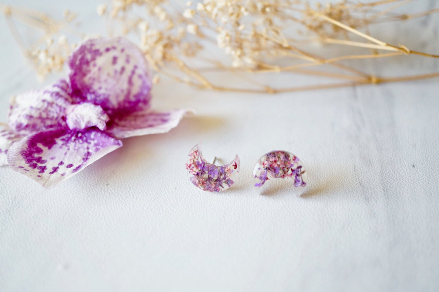 Real Pressed Flowers and Resin Moon Stud Earrings in Purple and Burgundy