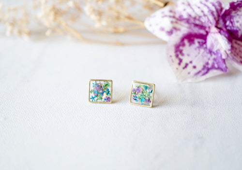 Real Dried Flowers and Resin Square Stud Earrings in Purple Blue Green