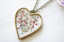 Real Dried Flowers in Resin Heart Necklace in Mint Pink White