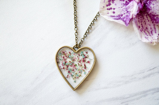 Real Dried Flowers in Resin Heart Necklace in Mint Pink White