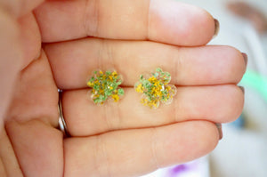 Real Dried Flowers and Resin Clover Stud Earrings in Yellow and Green