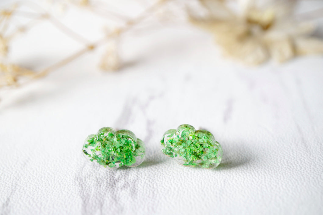 Real Pressed Flowers and Resin Cloud Stud Earrings in Green