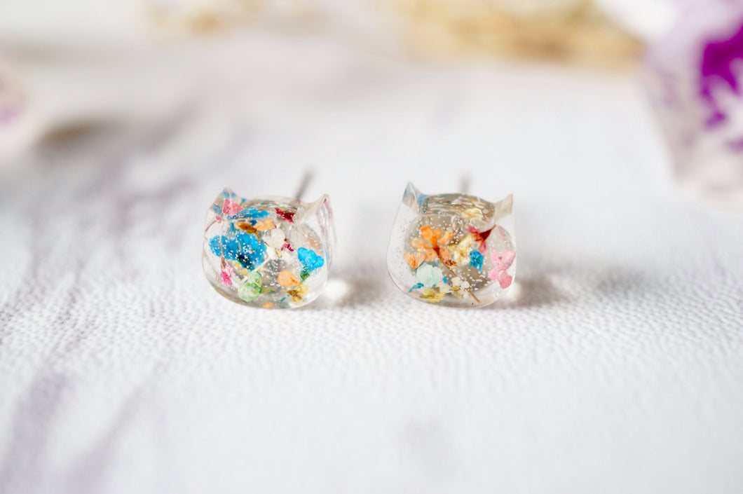Real Dried Flowers and Resin Cat Stud Earrings in Party Mix
