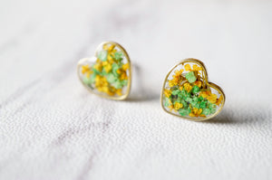 Real Dried Flowers and Resin Heart Stud Earrings in Yellow Green