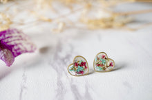Real Dried Flowers and Resin Heart Stud Earrings in Mint Magenta White