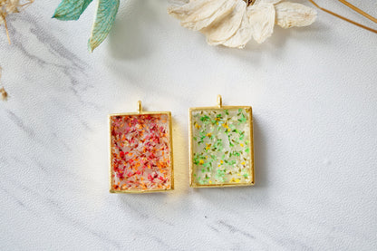 Real Dried Flowers in Resin Square Necklace in Gold Red Orange