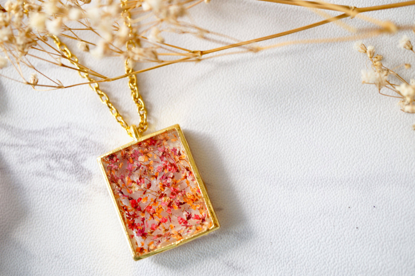 Real Dried Flowers in Resin Square Necklace in Gold Red Orange