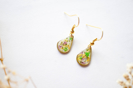 Real Dried Flowers and Resin Earrings, Gold Teardrops in Purple Yellow White Green