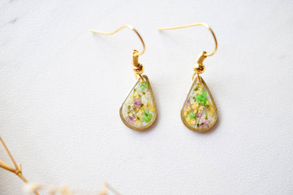 Real Dried Flowers and Resin Earrings, Gold Teardrops in Purple Yellow White Green