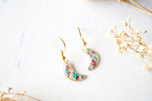 Real Pressed Flowers and Resin Earrings, Gold Celestial Moons in Maroon Mint Teal White