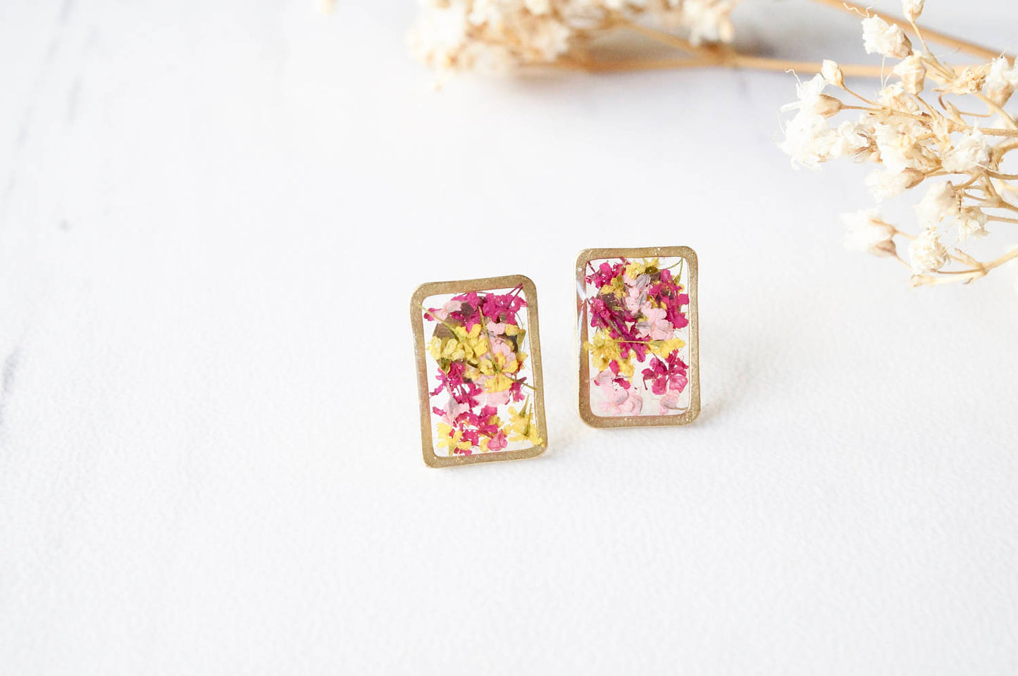 Real Dried Flowers and Resin Stud Earrings, Gold Rectangle in Maroon Pink Yellow