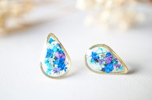 Real Dried Flowers and Resin Stud Earrings, Gold Teardrop in Mint Teal Purple Blue