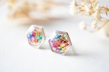 Real Dried Flowers and Resin Stud Earrings, Silver Hexagon in Party Mix