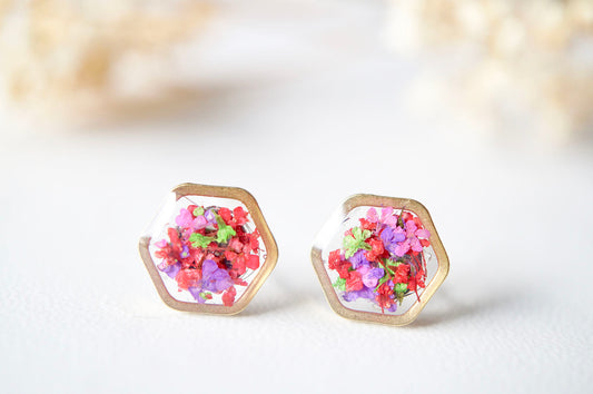 Real Dried Flowers and Resin Stud Earrings, Gold Hexagon in Neon Mix