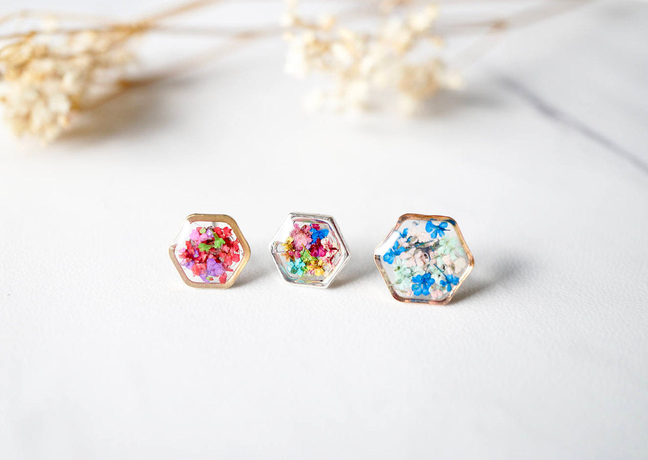 Real Dried Flowers and Resin Stud Earrings, Gold Hexagon in Neon Mix