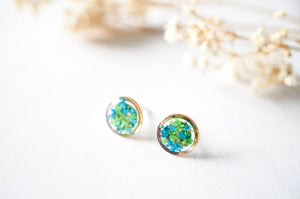 Real Dried Flowers and Resin Stud Earrings, Rose Gold Circle in Green and Blue