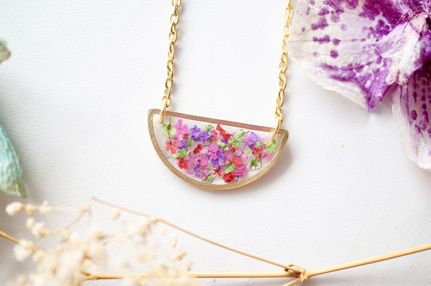 Real Pressed Flowers in Resin Necklace, Half Circle in Purple Red Pink Green