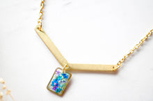 Real Pressed Flowers in Resin Necklace, Gold Arrow and Rectangle in Purple Blue Mint Teal
