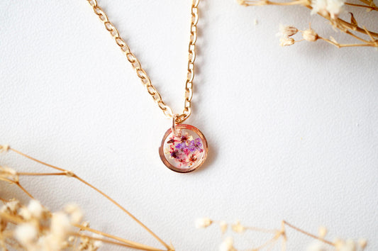 Real Dried Flowers in Resin Necklace, Small Rose Gold Circle in Pinks and Purple