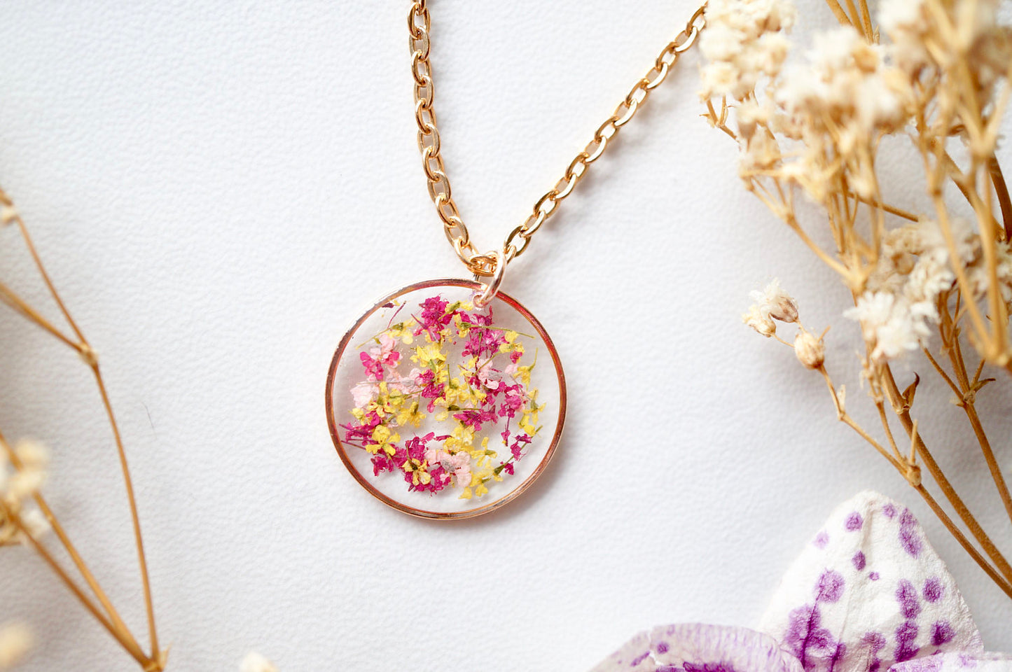 Real Dried Flowers in Resin Necklace, Rose Gold Circle in Magenta Pink Yellow