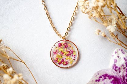 Real Dried Flowers in Resin Necklace, Rose Gold Circle in Magenta Pink Yellow