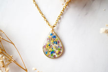 Real Dried Flowers and Resin Necklace, Gold Teardrop in Purple Yellow White Blue Green