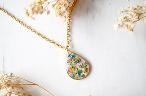 Real Dried Flowers and Resin Necklace, Gold Teardrop in Purple Yellow White Blue Green