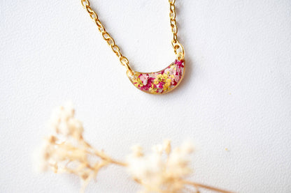 Real Dried Flowers in Resin Necklace, Gold Half Moon in Pink Magenta Yellow