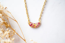 Real Dried Flowers in Resin Necklace, Gold Half Moon in Pink Magenta Yellow