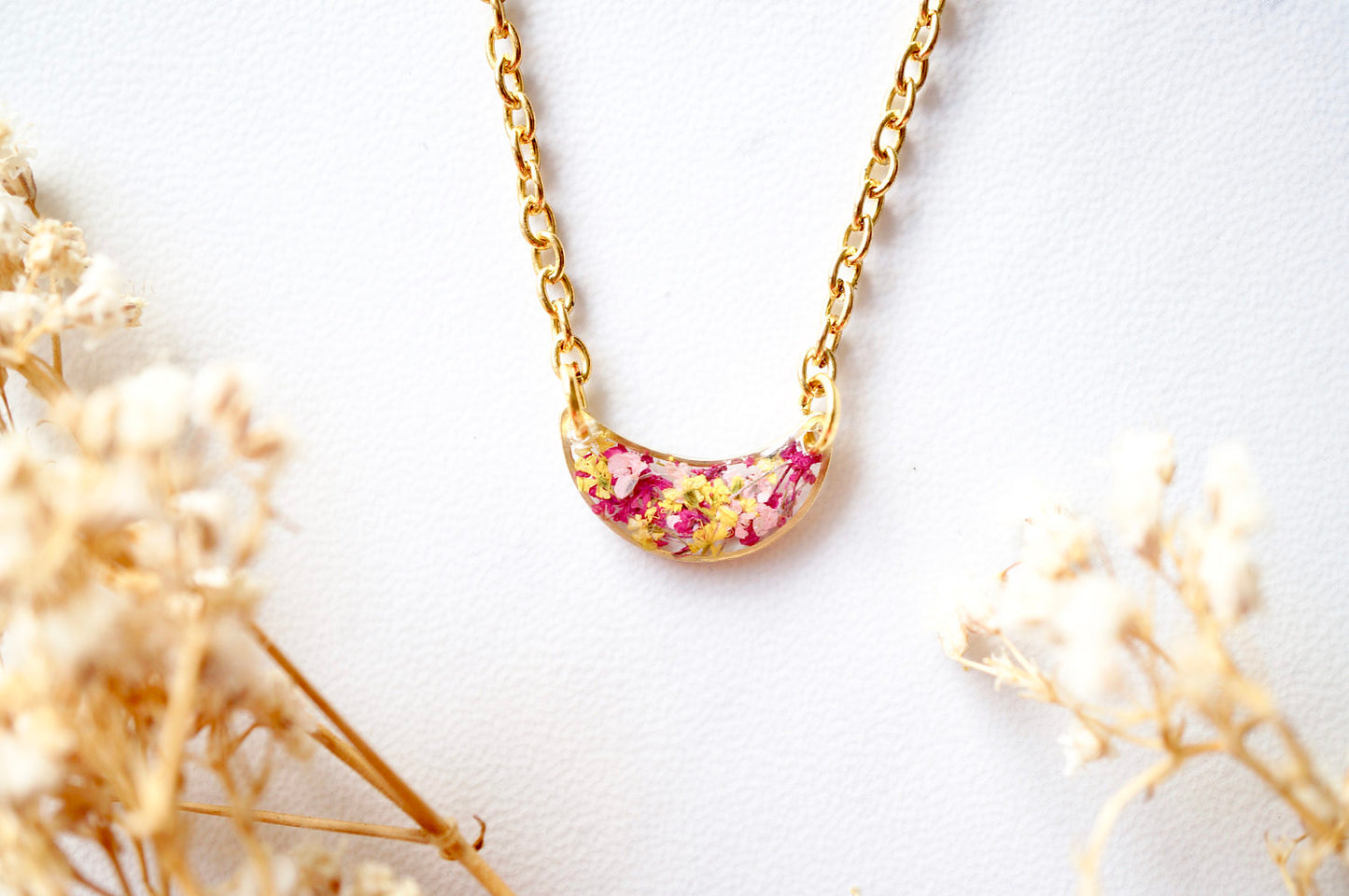 Real Dried Flowers in Resin Necklace, Gold Half Moon in Pink Magenta Yellow