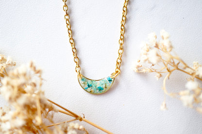 Real Dried Flowers in Resin Necklace, Gold Half Moon in Teal Mint White