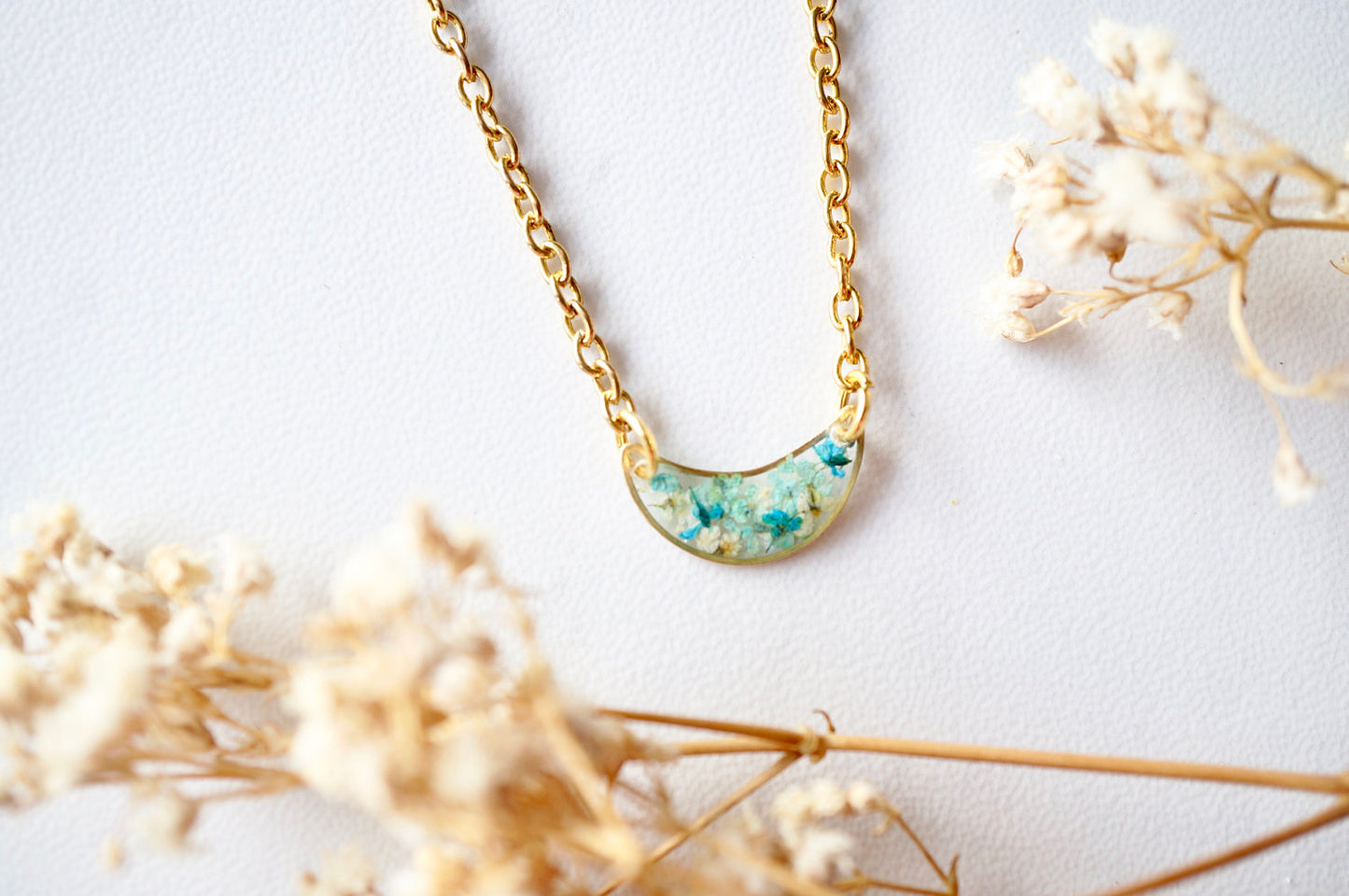 Real Dried Flowers in Resin Necklace, Gold Half Moon in Teal Mint White