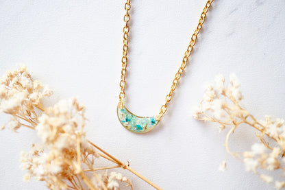 Real Dried Flowers in Resin Necklace, Gold Half Moon in Teal Mint White