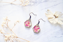 Real Pressed Flowers and Resin Earrings in Neon Pink Yellow and Copper Flakes