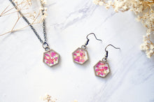 Real Pressed Flowers and Resin Earrings in Neon Pink Yellow and Copper Flakes
