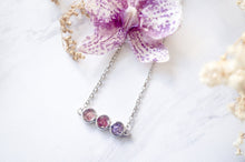 Real Pressed Flowers and Resin, Bar Necklace in Purple, Cornflower Blue, and Light Blue Ombre