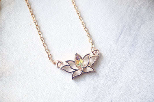 Real Pressed Flowers and Resin Necklace Rose Gold Lotus Flower