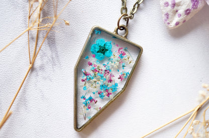 Real Dried Flowers in Resin Necklace, Arrowhead in Teal Magenta White