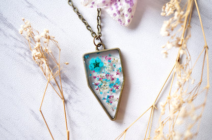 Real Dried Flowers in Resin Necklace, Arrowhead in Teal Magenta White