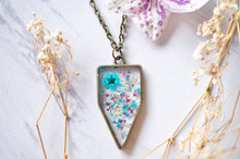 Real Dried Flowers in Resin Necklace, Arrowhead in Teal Magenta White