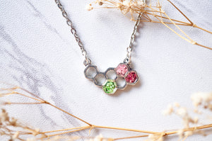 Real Dried Flowers in Honeycomb Resin Necklace in Green and Pinks