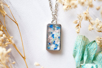 Real Dried Flowers in Resin Necklace, Silver Rectangle in Pink Mint Blue