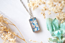 Real Dried Flowers in Resin Necklace, Silver Rectangle in Pink Mint Blue
