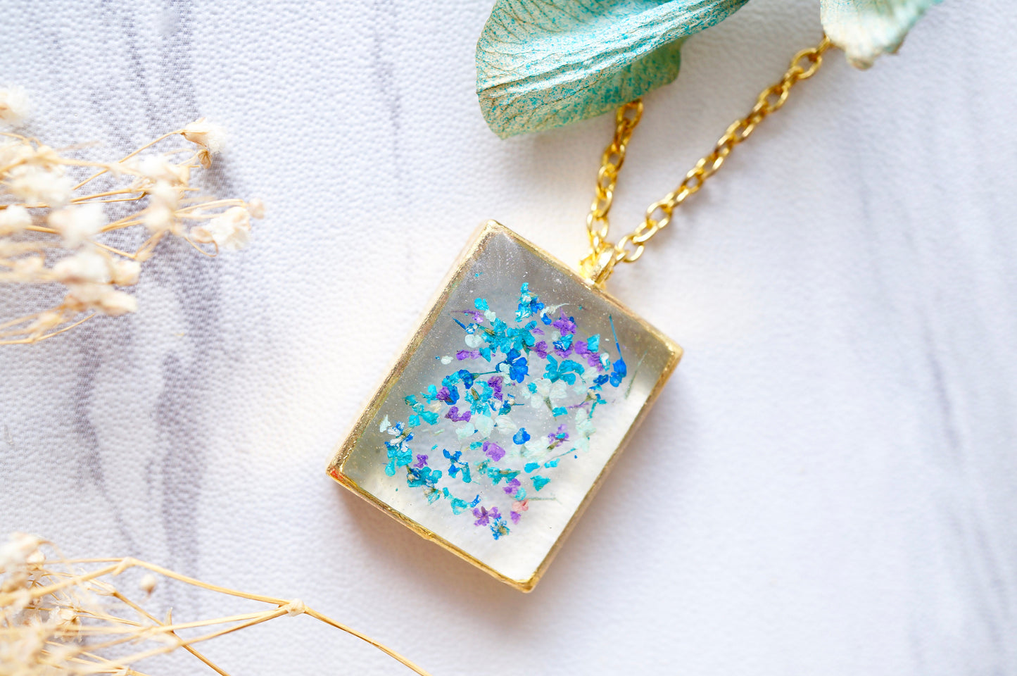 Real Dried Flowers in Resin Necklace, Gold Square in Blue Mint Teal Purple