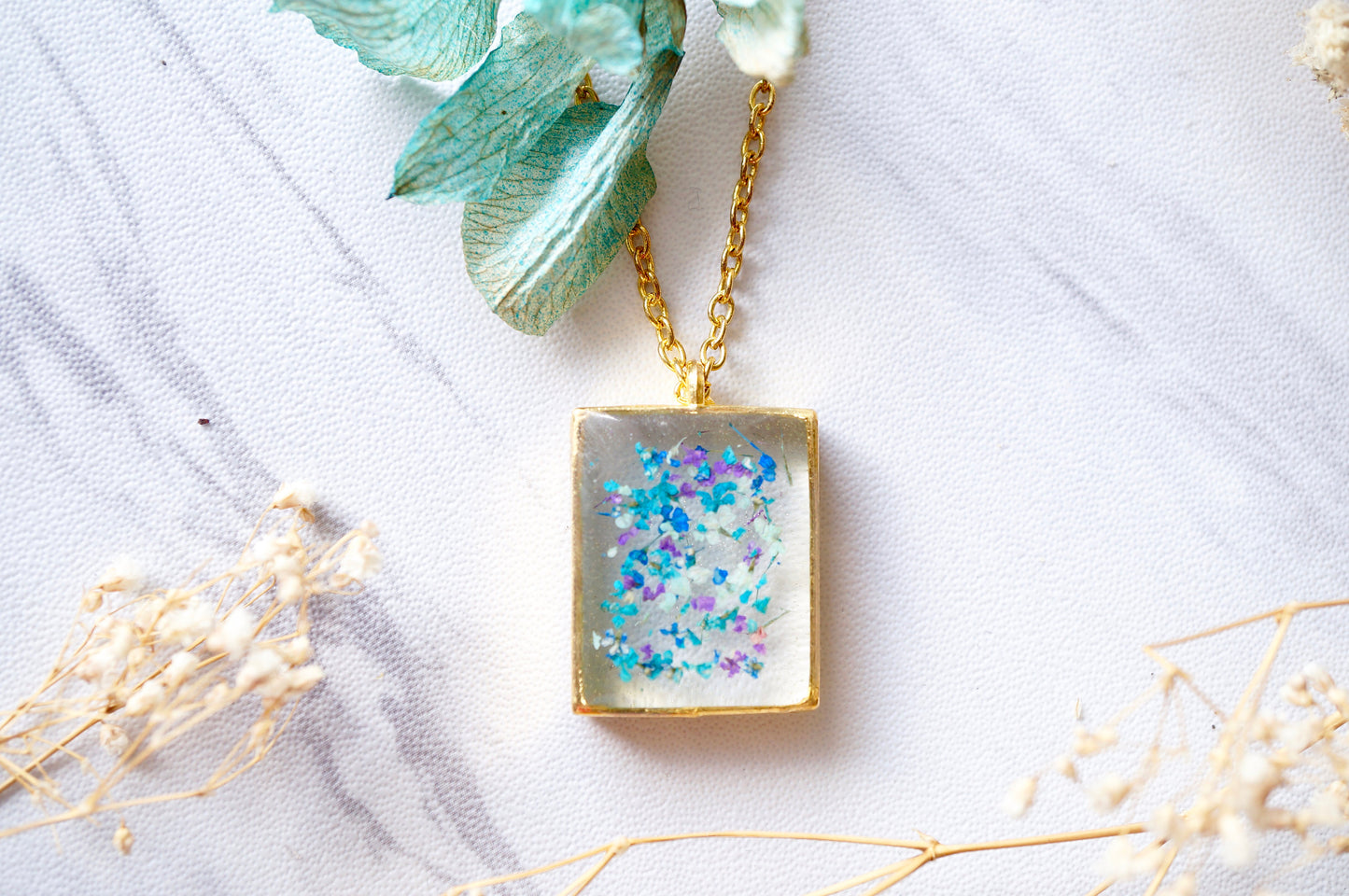 Real Pressed Flowers in Resin Necklace, Gold Square in Blue Mint Teal Purple