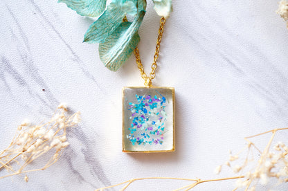 Real Pressed Flowers in Resin Necklace, Gold Square in Blue Mint Teal Purple