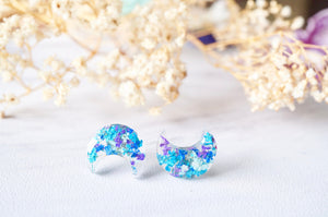 Real Pressed Flowers and Resin Moon Stud Earrings in Purple Blue Teal Mint