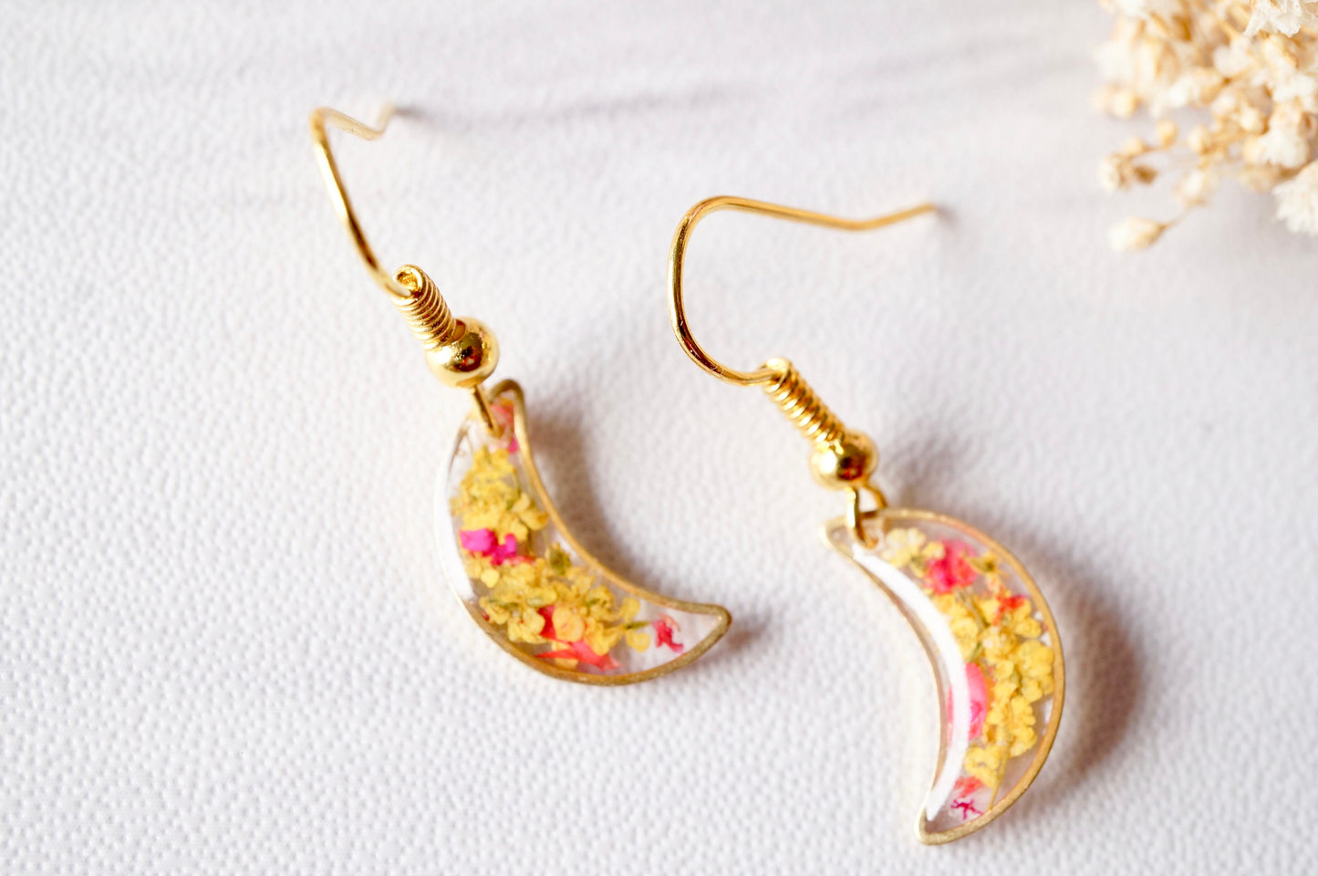 Real Dried Flowers and Resin Earrings, Gold Moons in Yellow and Red