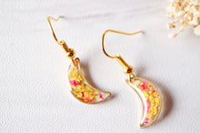 Real Pressed Flowers and Resin Earrings, Gold Moons in Yellow and Red